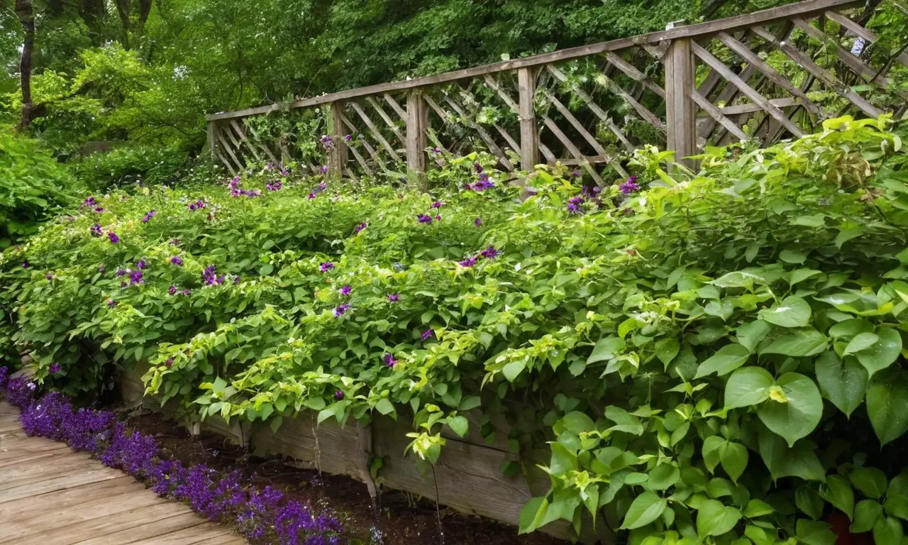 Vibrante jardín con clemátides y tranquilidad
