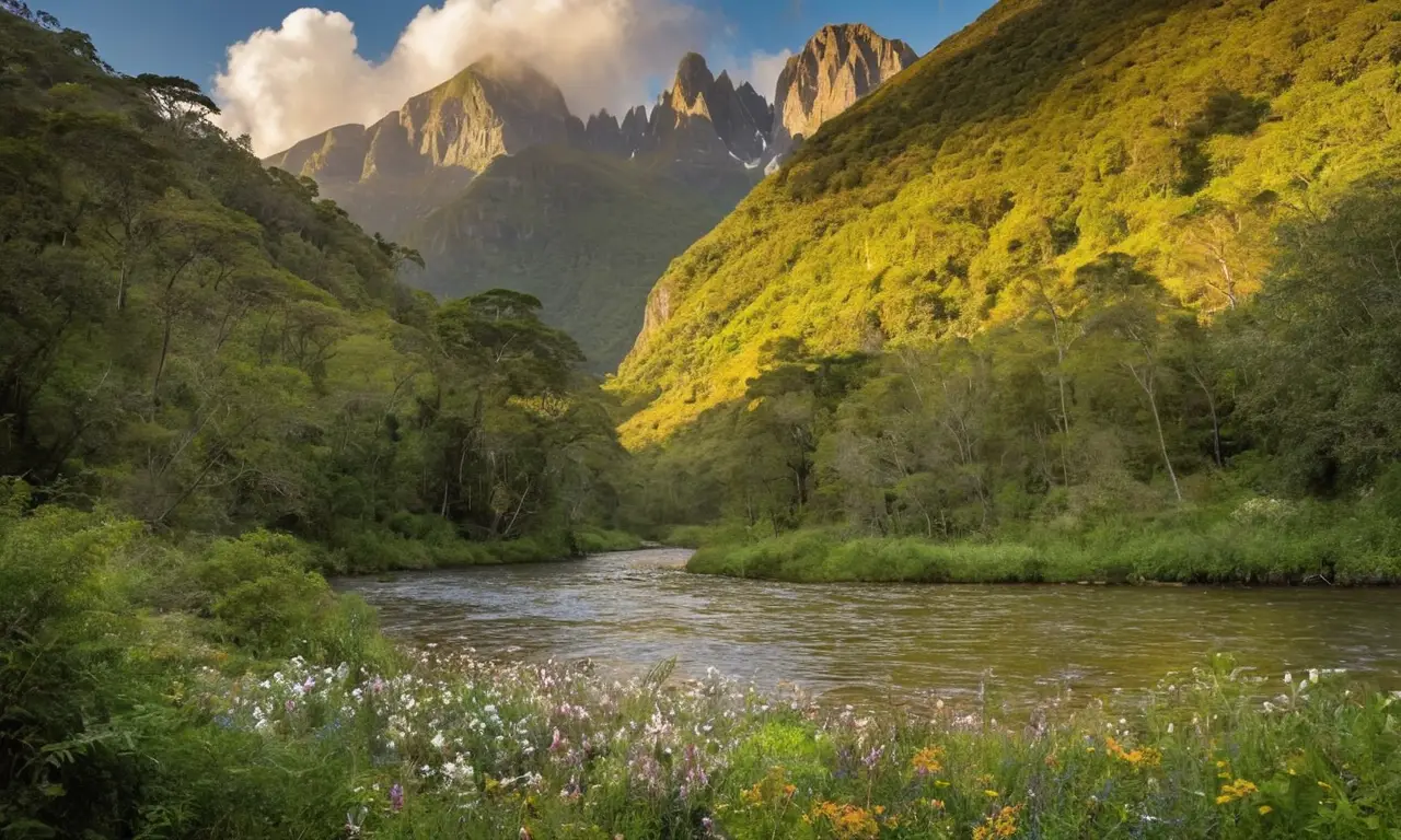 Paisaje vibrante de montañas, lagos y selva