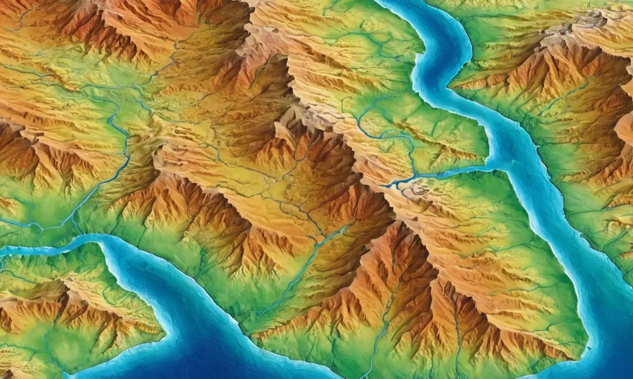 Mapa topográfico colorido que muestra ecosistemas diversos