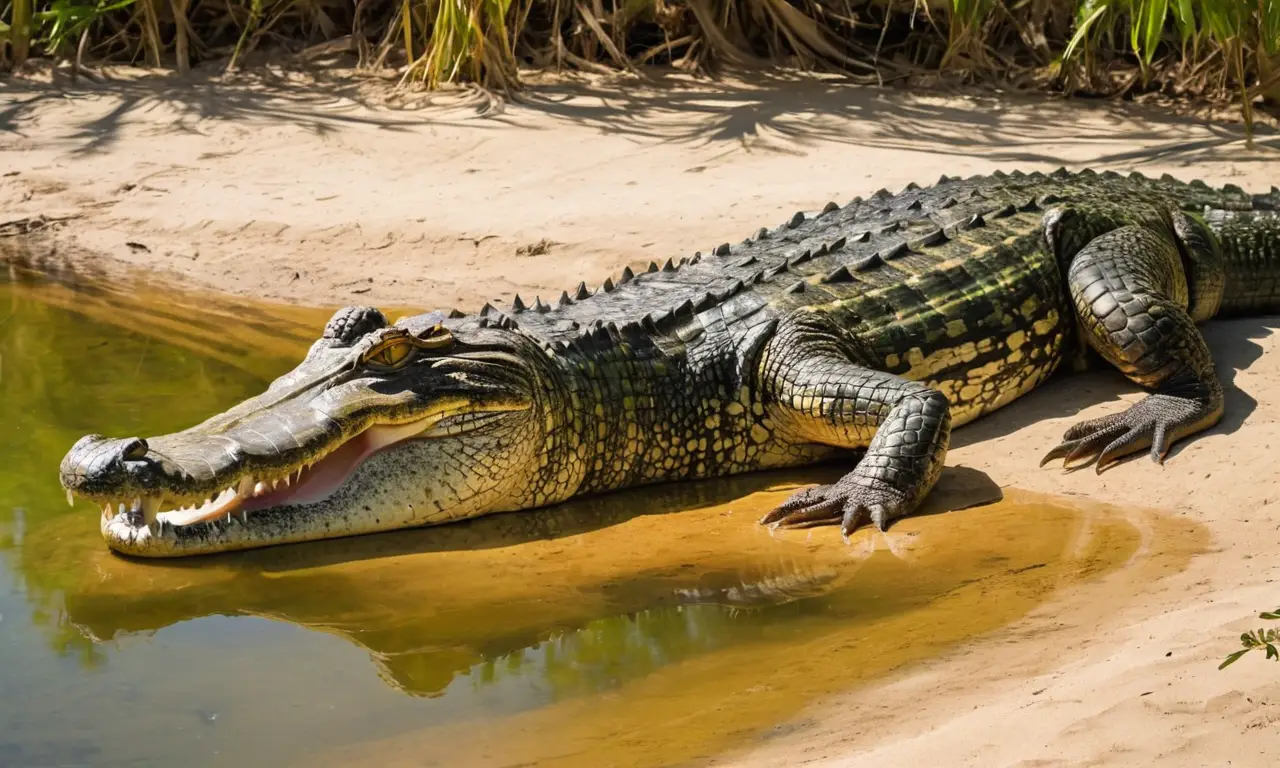 Cocodrilo enorme y relajado junto al río