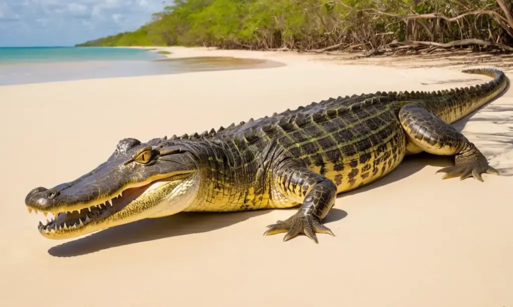 Cocodrilo gigante descansa en playa soleada