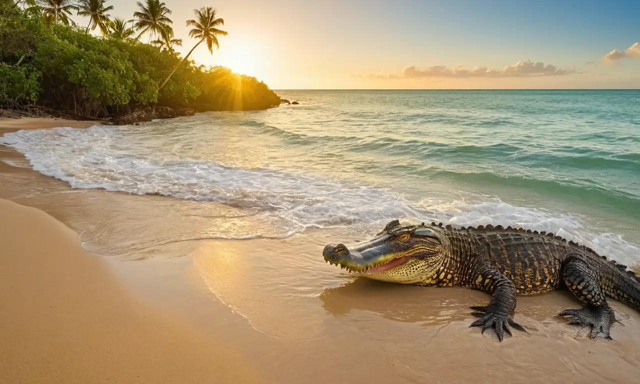 Crocodilo reposa en playa tropical tranquila