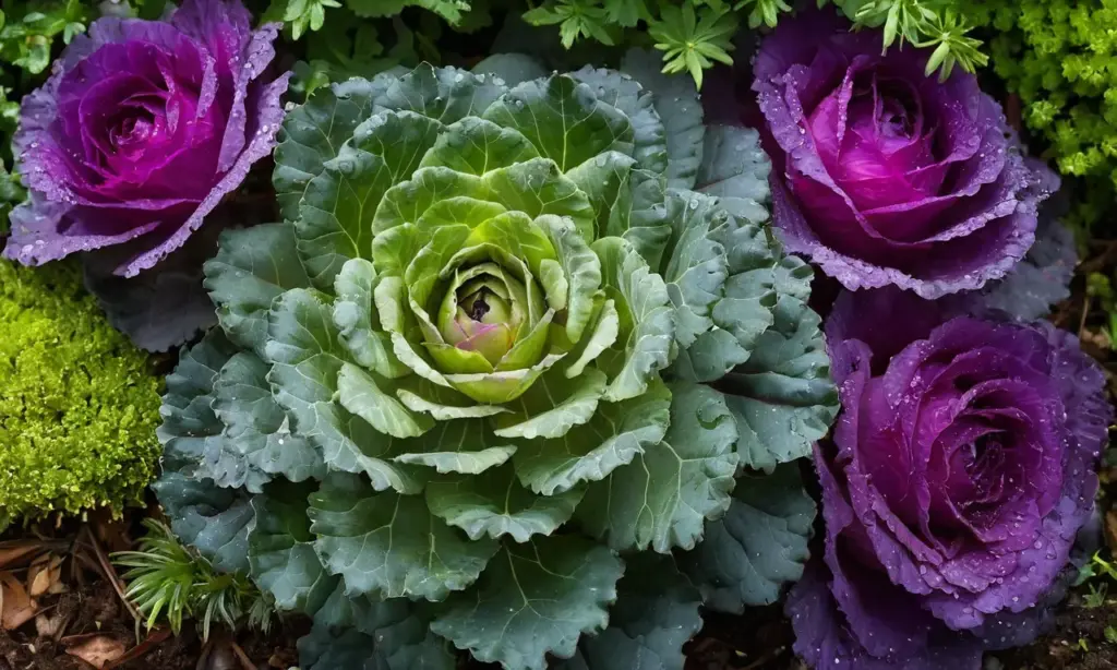 Cabbage ornamental púrpura resplandeciendo al sol