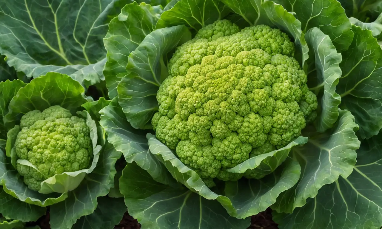 Coliflor verde vibrante y paisaje agrícola iluminado