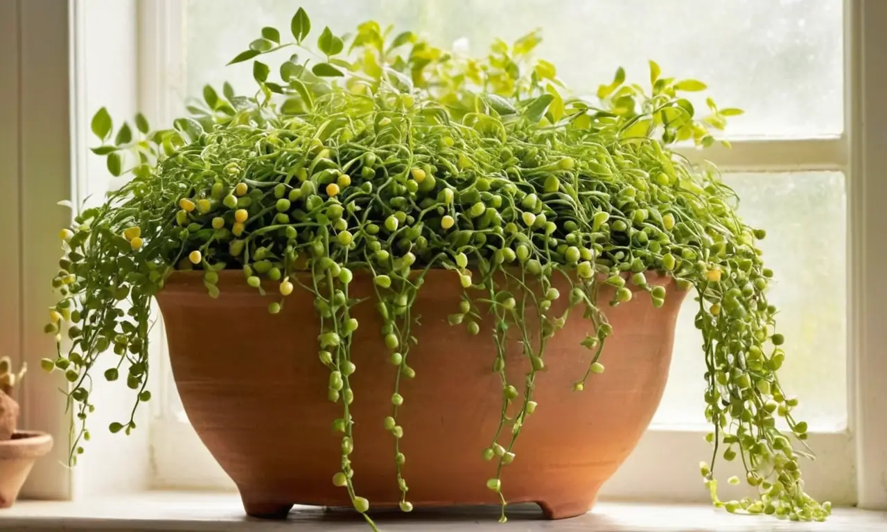 Planta de perlas verdes en cálido ambiente