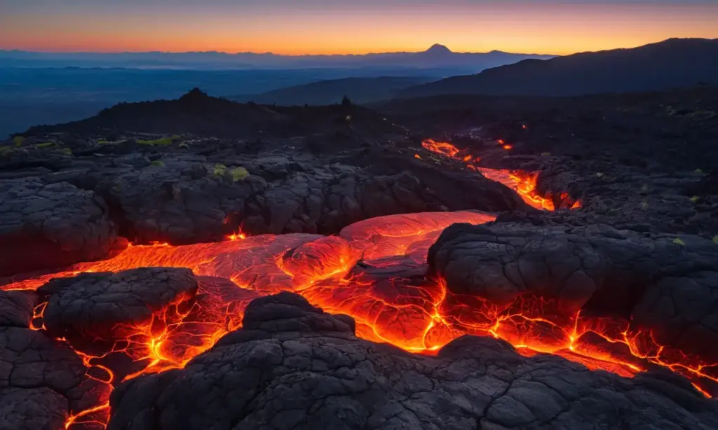 Flujos de lava brillan en paisaje volcánico