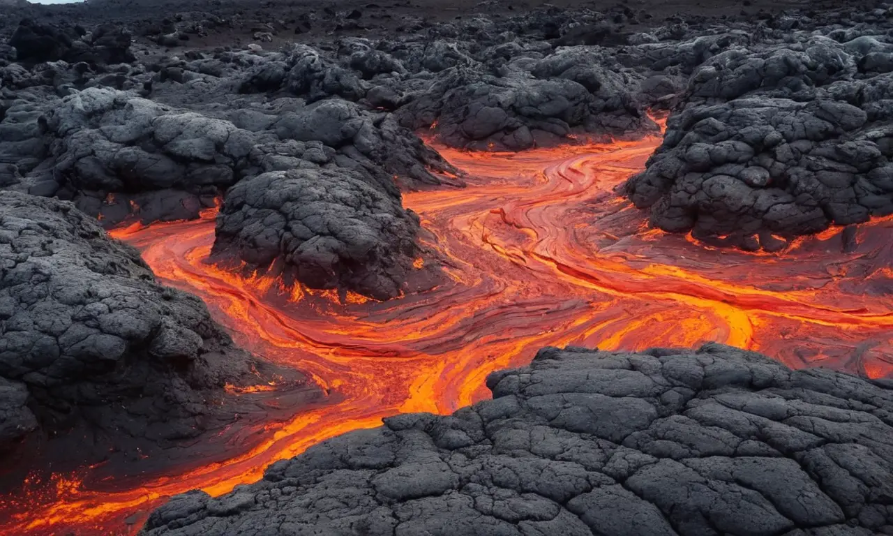 Lava vibrante y terreno volcánico contrastante