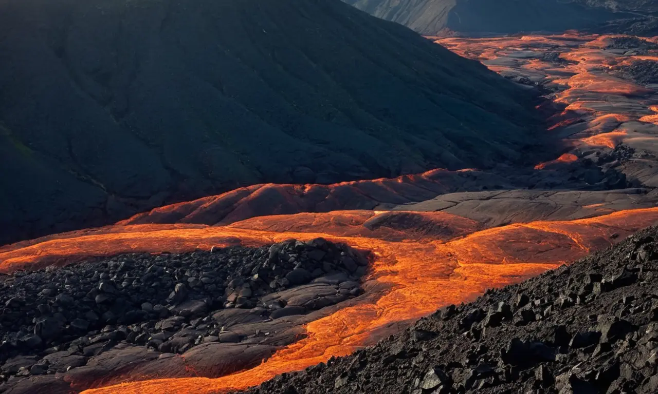 Lava negra brilla bajo el sol