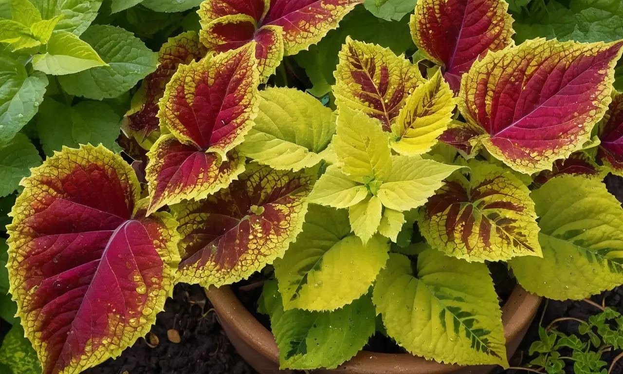 Coleus vibrantes destacan en un entorno iluminado