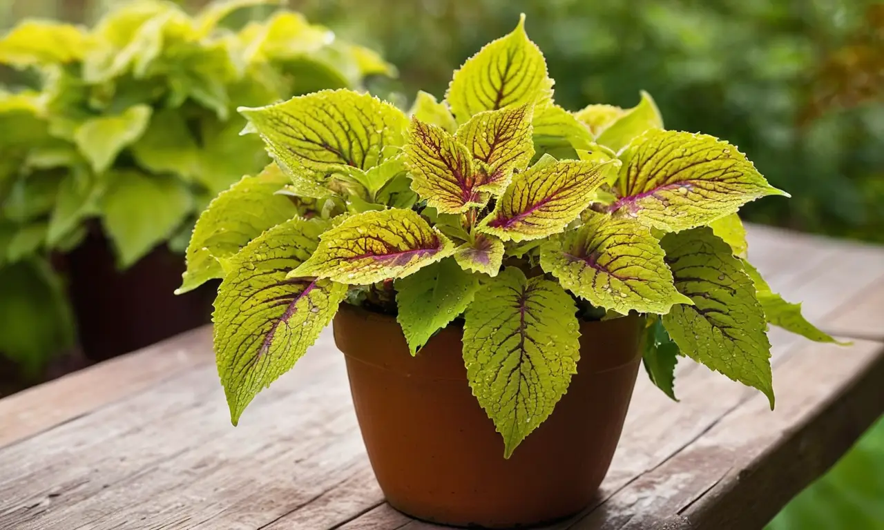 Planta coleus vibrante en terracota iluminada