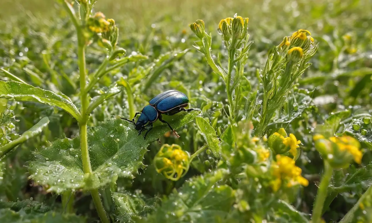 Campo agrícola iluminado con detalles de insectos