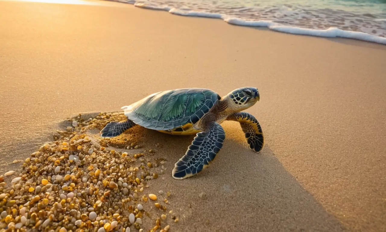 Playa al amanecer con tortugas y naturaleza