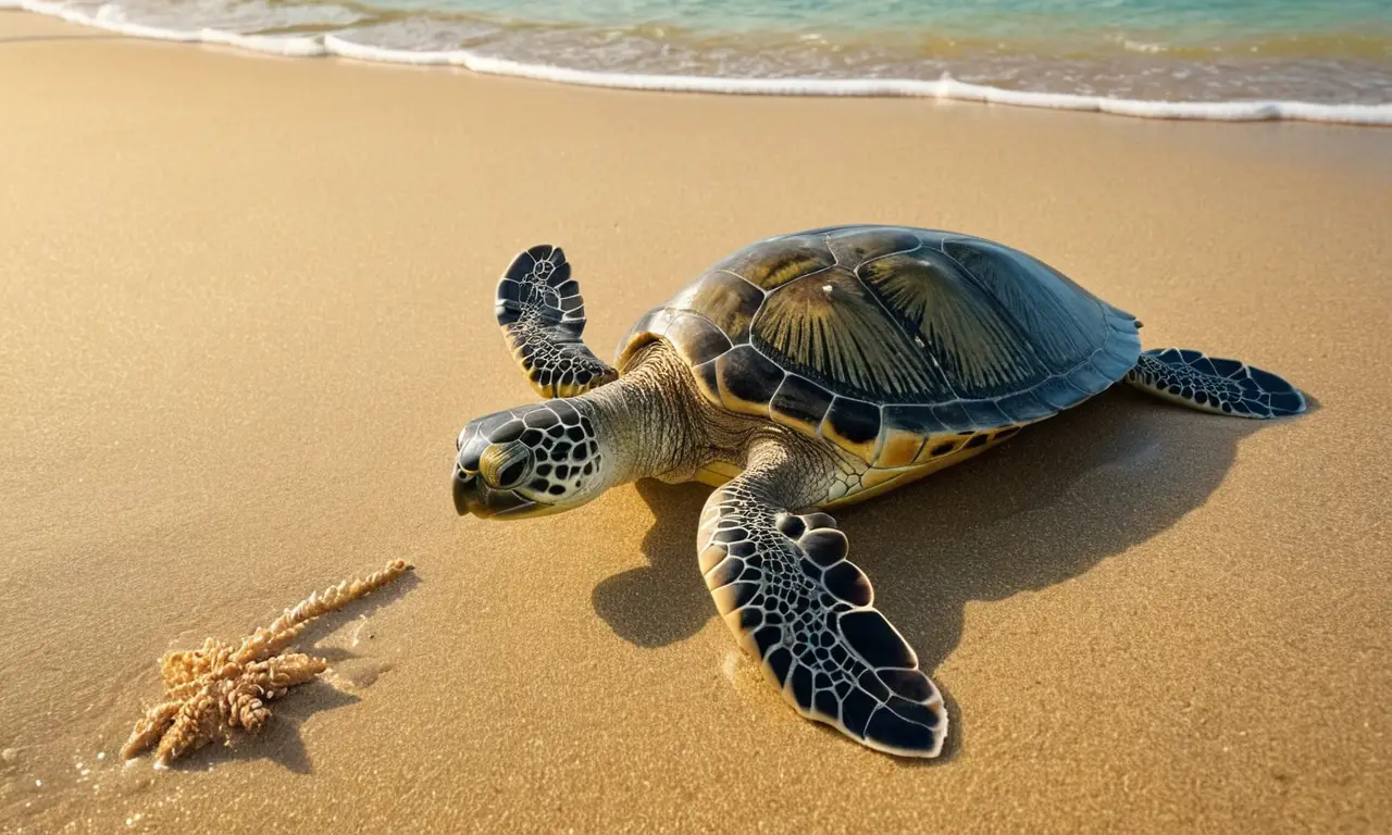 Tortuga en una playa iluminada y serena