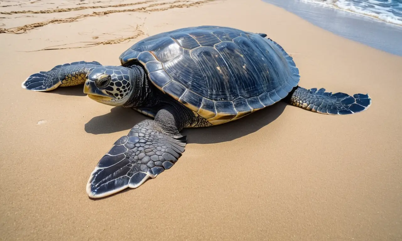 Tortuga laúd reposa en una playa soleada