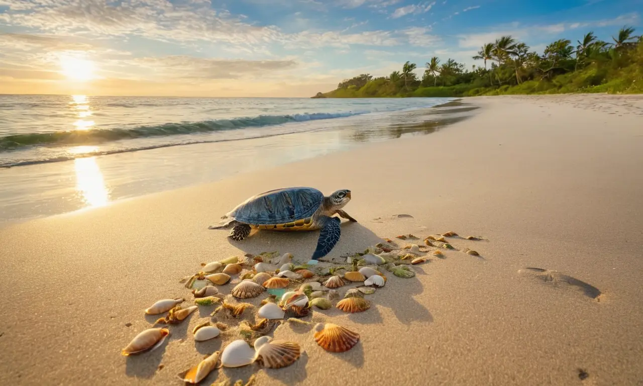 Playa serena con tortugas y naturaleza armoniosa
