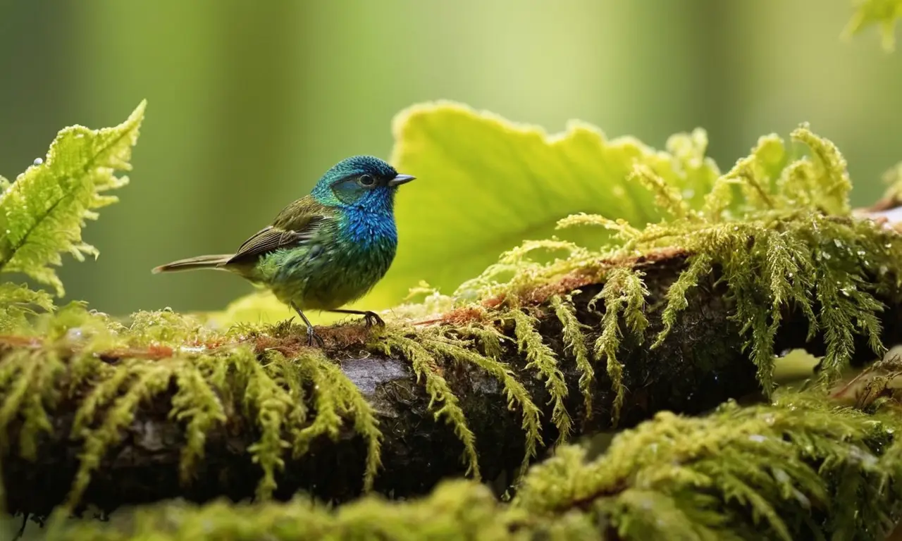 Bosque vibrante con ave e insecto coexistiendo