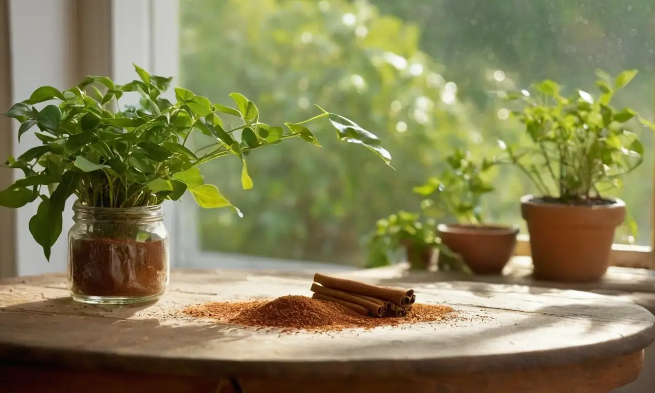 Mesa rústica con canela y plantas verdes