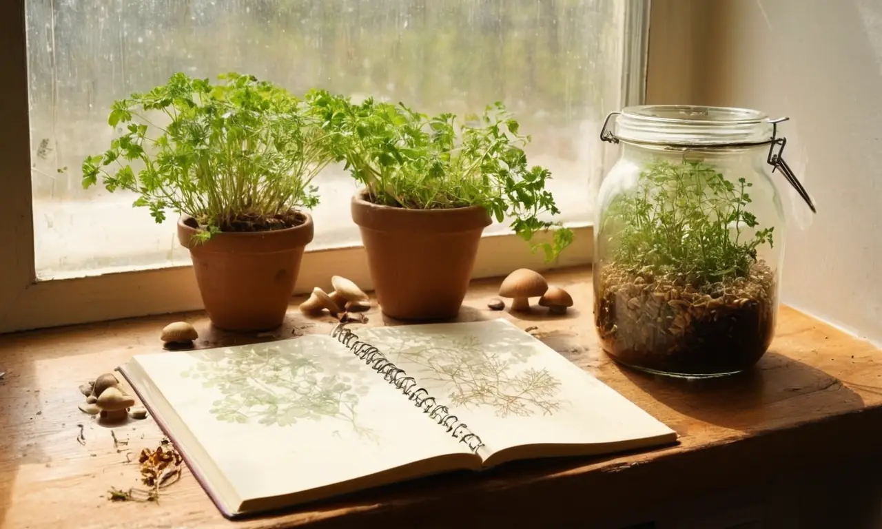 Mesa rústica con cultivo de setas