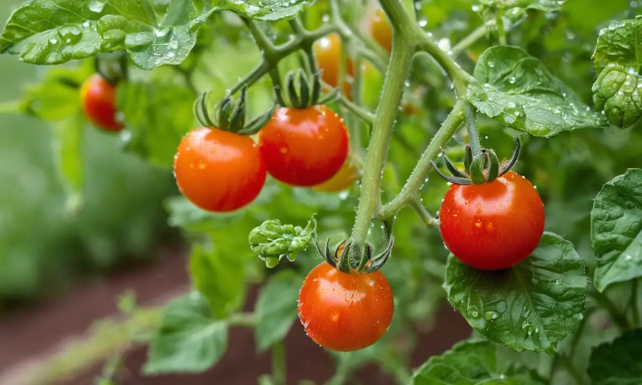 Jardín vibrante con tomates maduros y flores