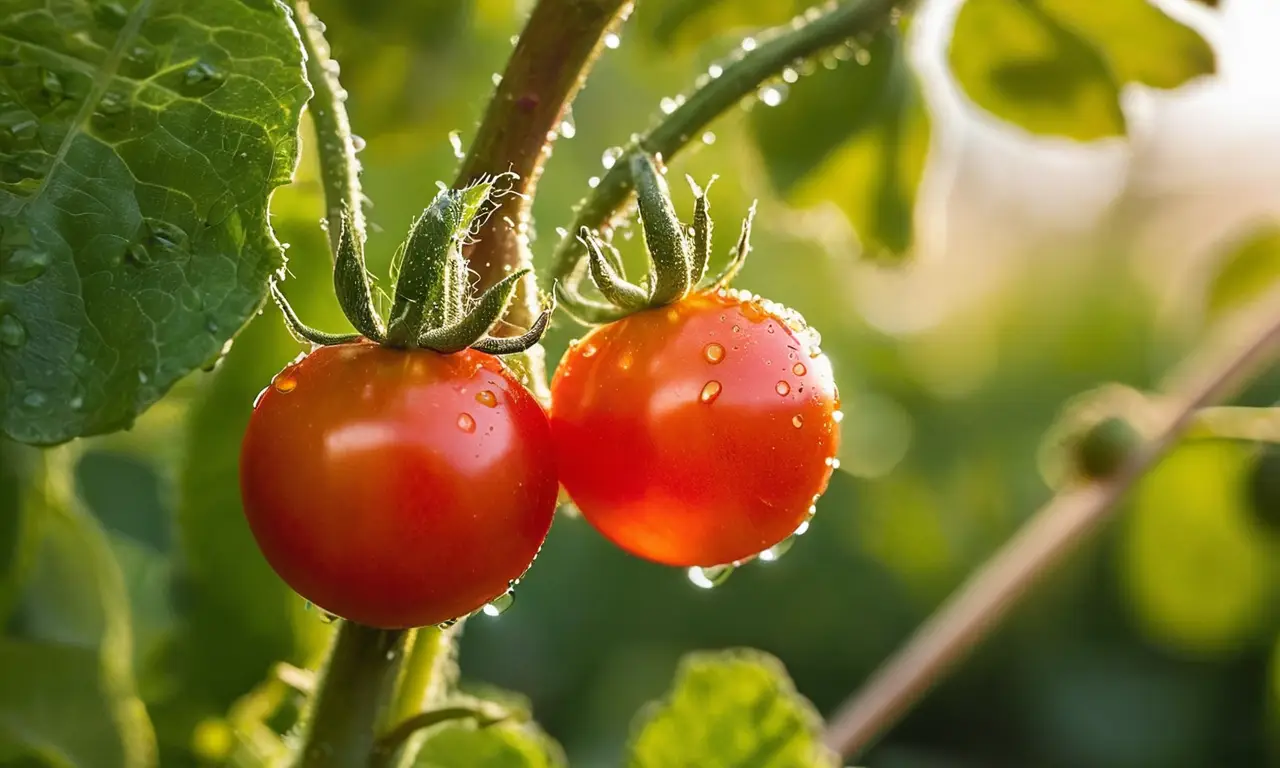 Jardín soleado con tomates maduros y frescos