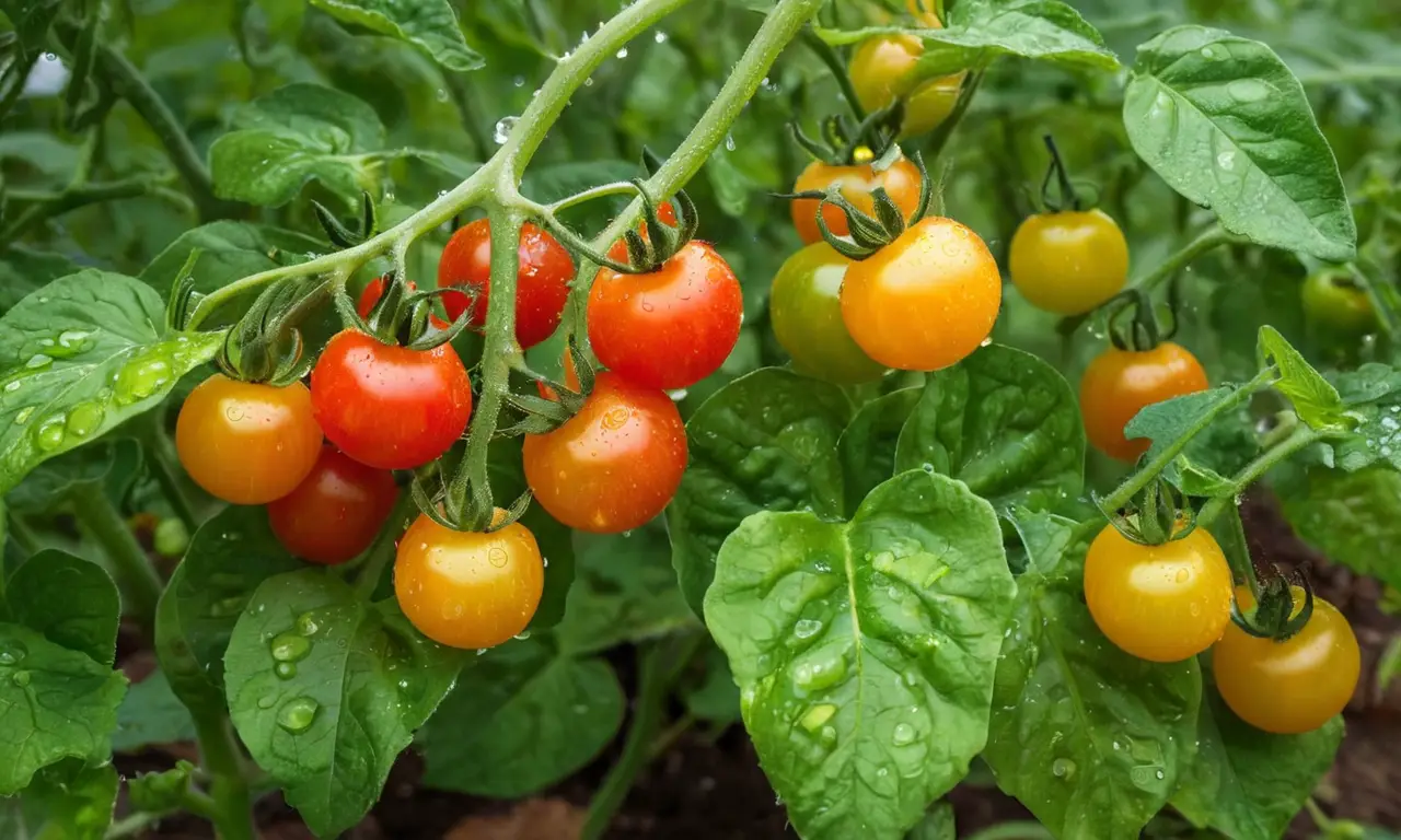 Jardín vibrante con tomates y abundante vegetación