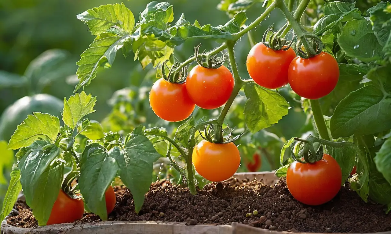 Jardín vibrante de tomates y follaje verde