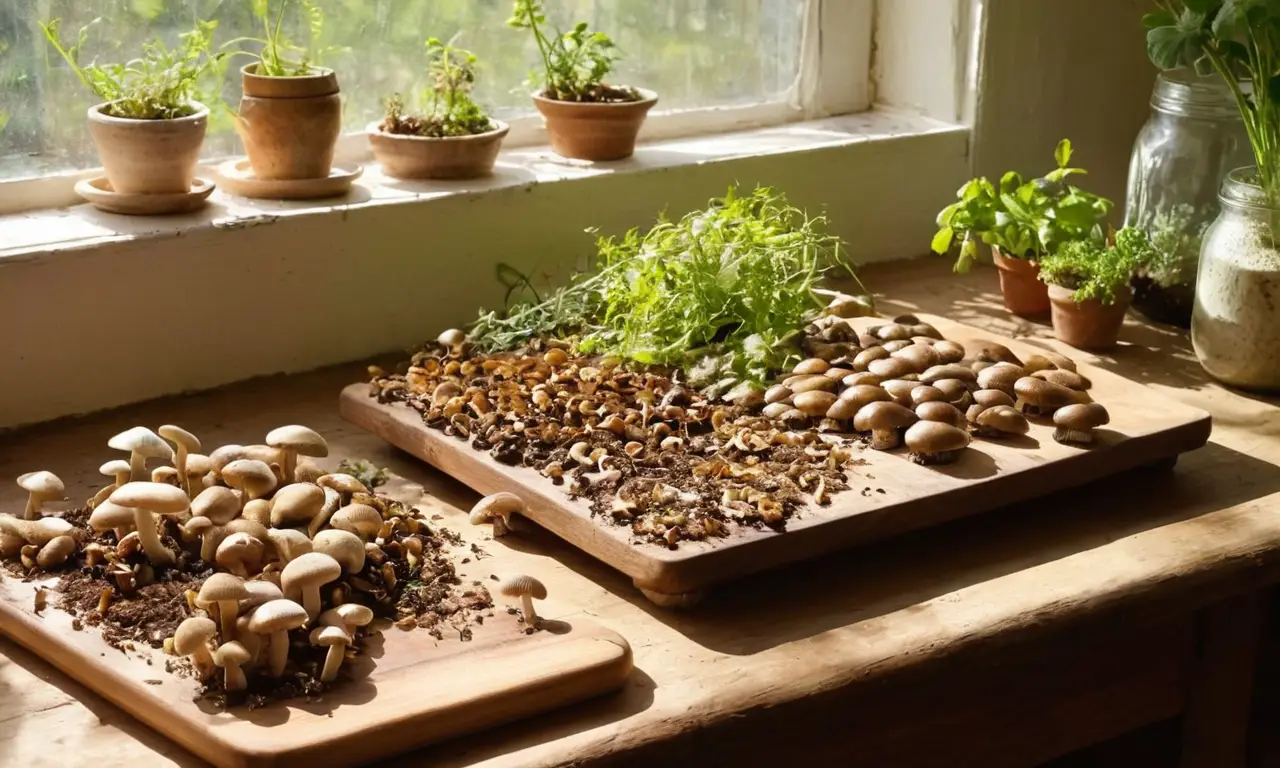 Cocina soleada con champiñones frescos y armonía