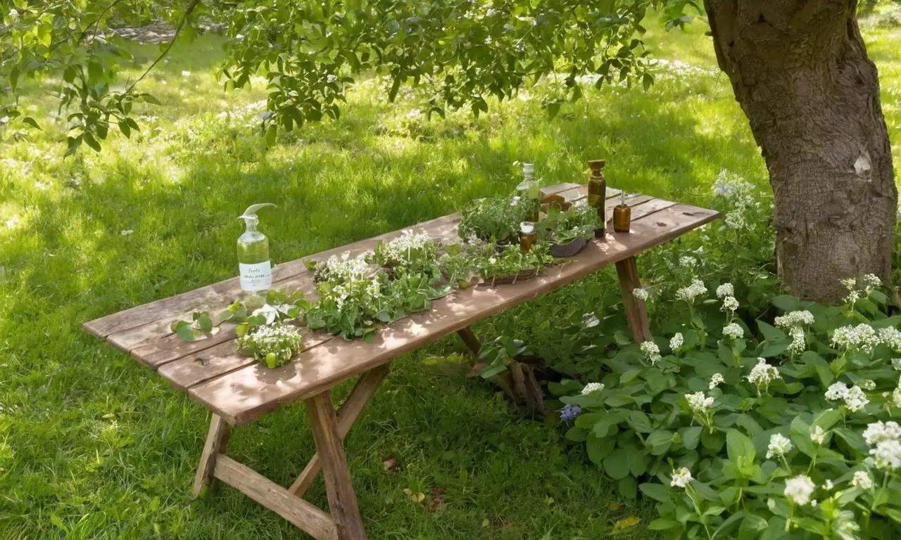 Jardín sereno con árboles frutales y herramientas