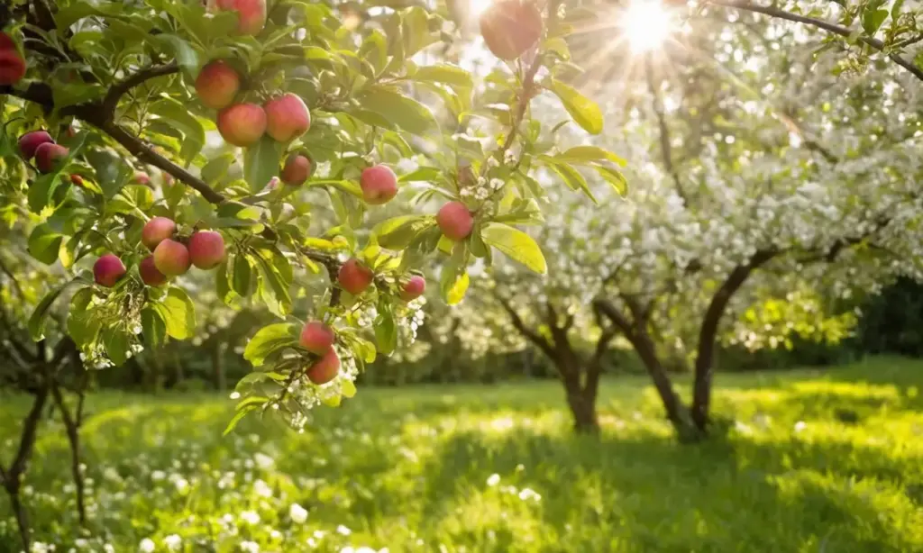 Huerto soleado con manzanas y flores