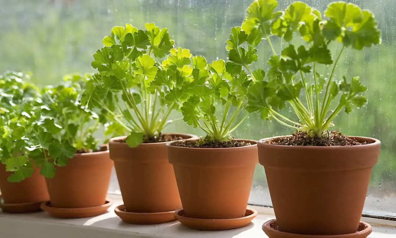 Geranios crecen en macetas bajo luz natural