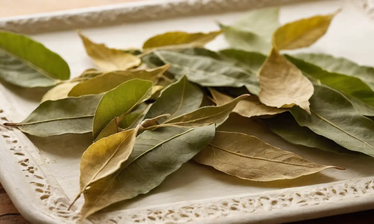 Hojas de laurel secas en una bandeja