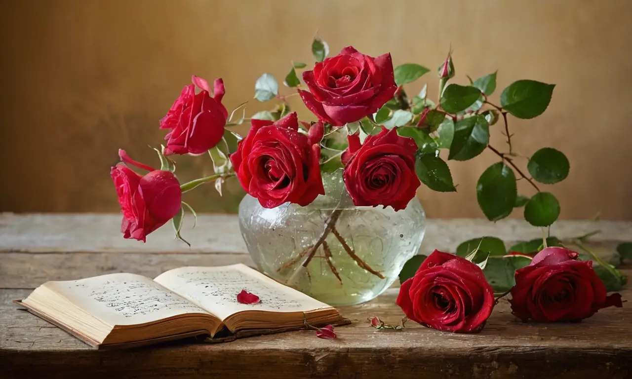 Rosas marchitas en un fondo rústico