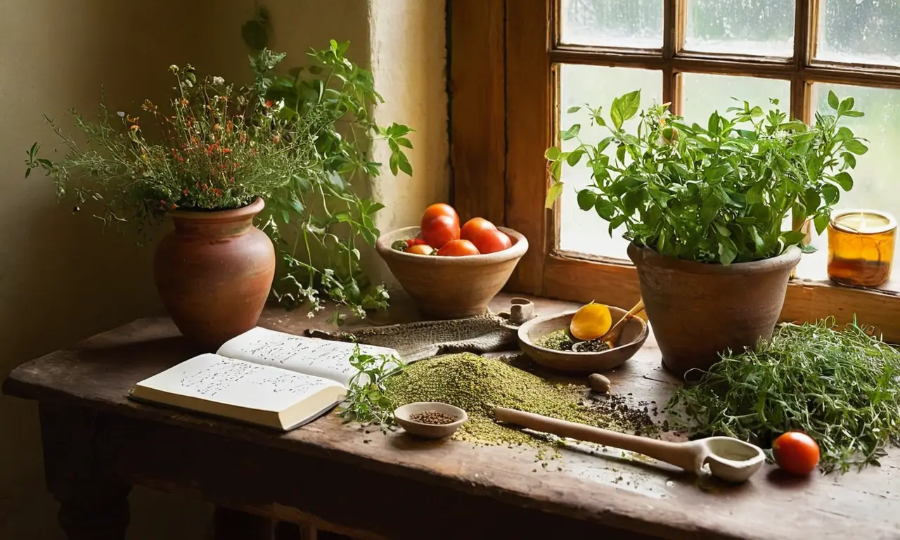 Mesa rústica con ingredientes orgánicos y luz