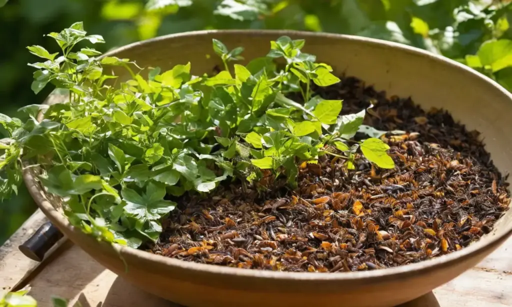 Mesa de madera con compost y herramientas