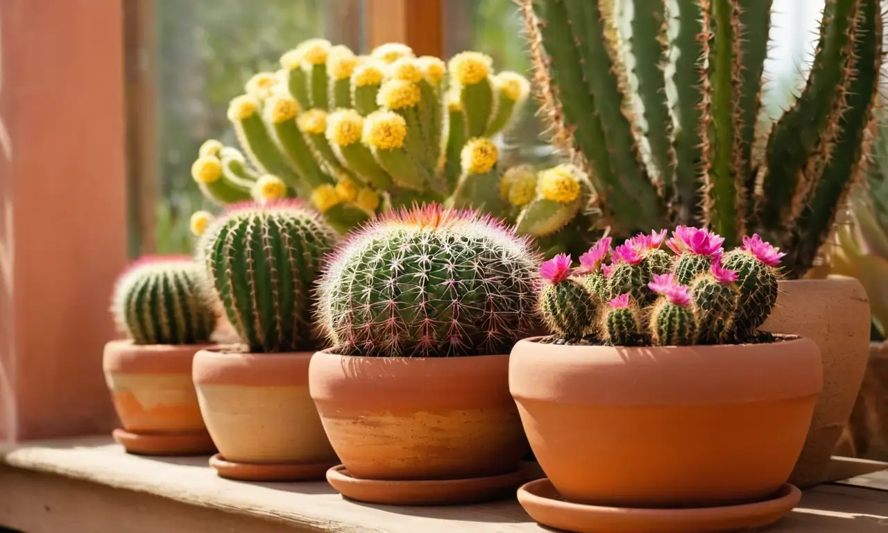 Cactus coloridos en macetas de terracota