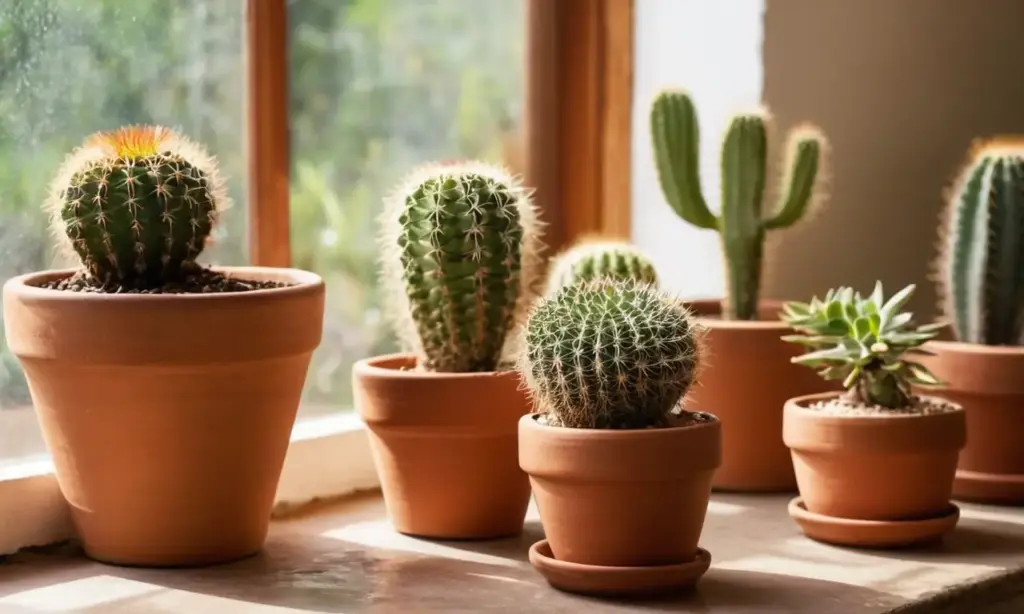 Interior cálido con cactuses y luz dorada