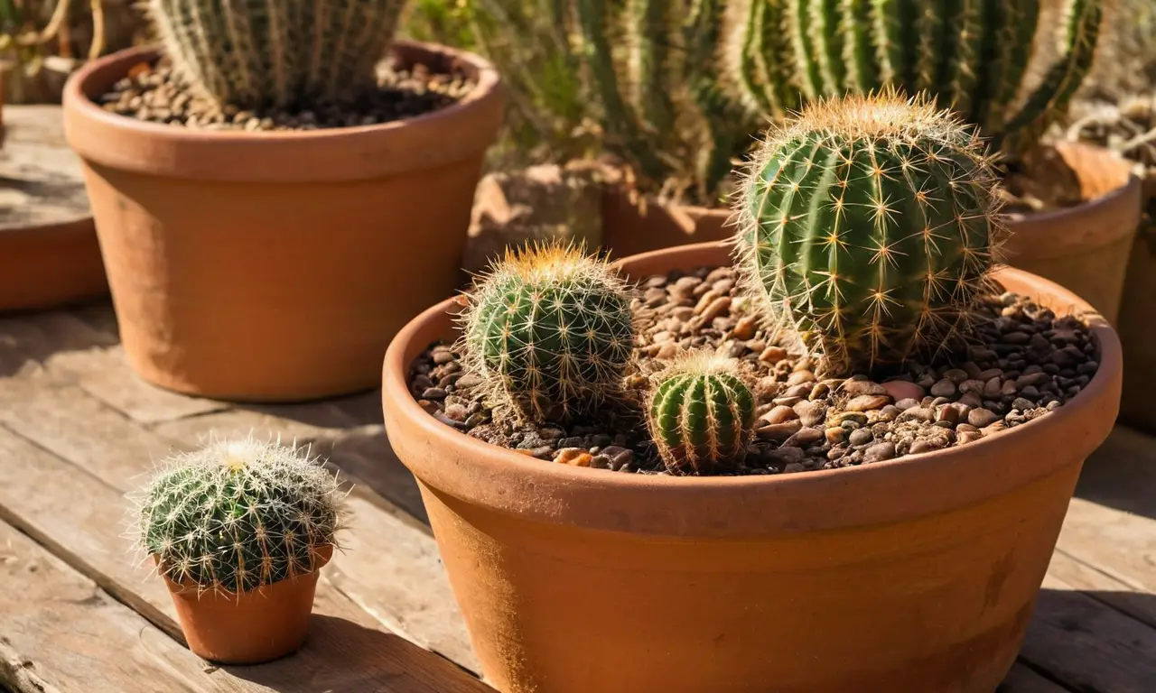 Jardín soleado con cactús en macetas terracota
