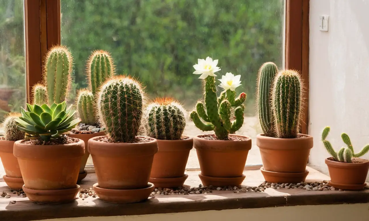 Jardín interior con cactáceas y luz natural