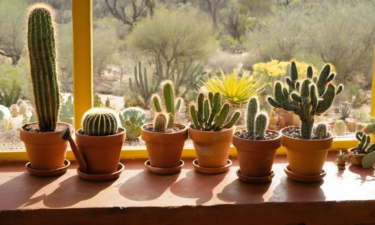Escena luminosa de cactus en un interior