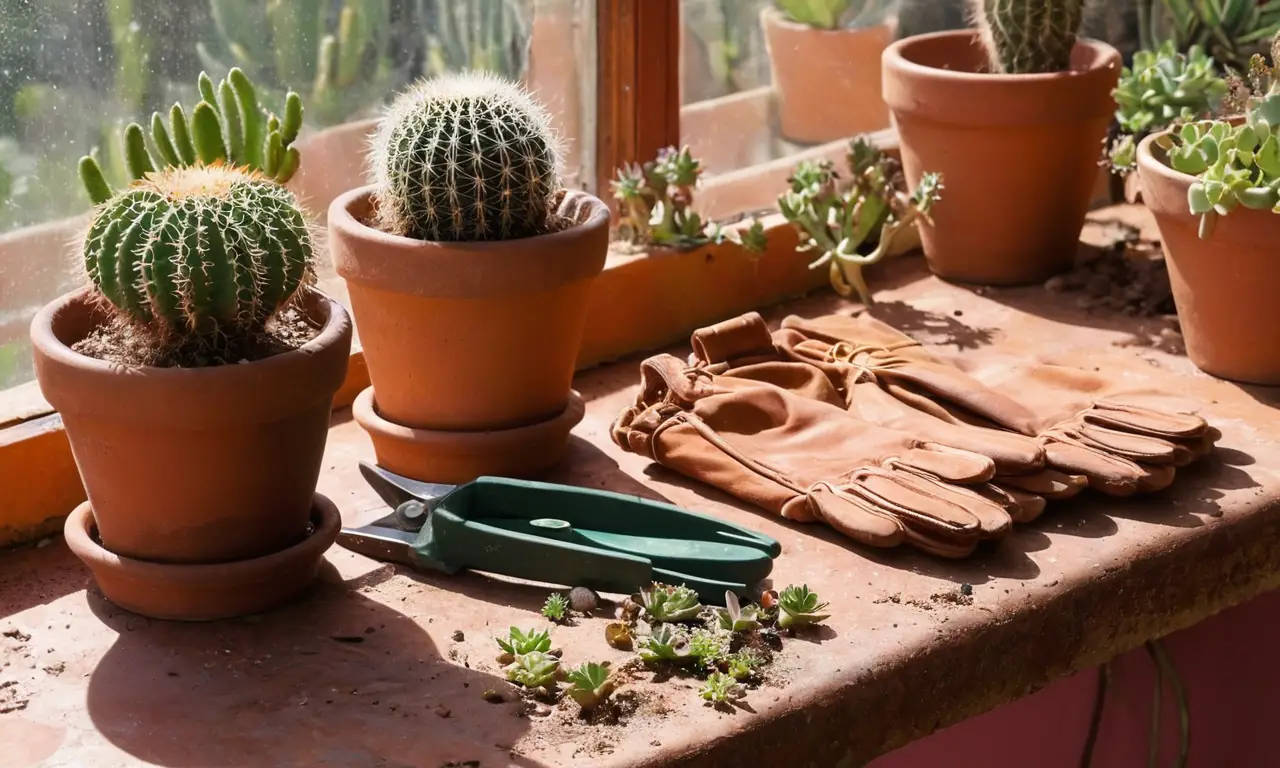 Mesa soleada con cactus y herramientas de jardinería