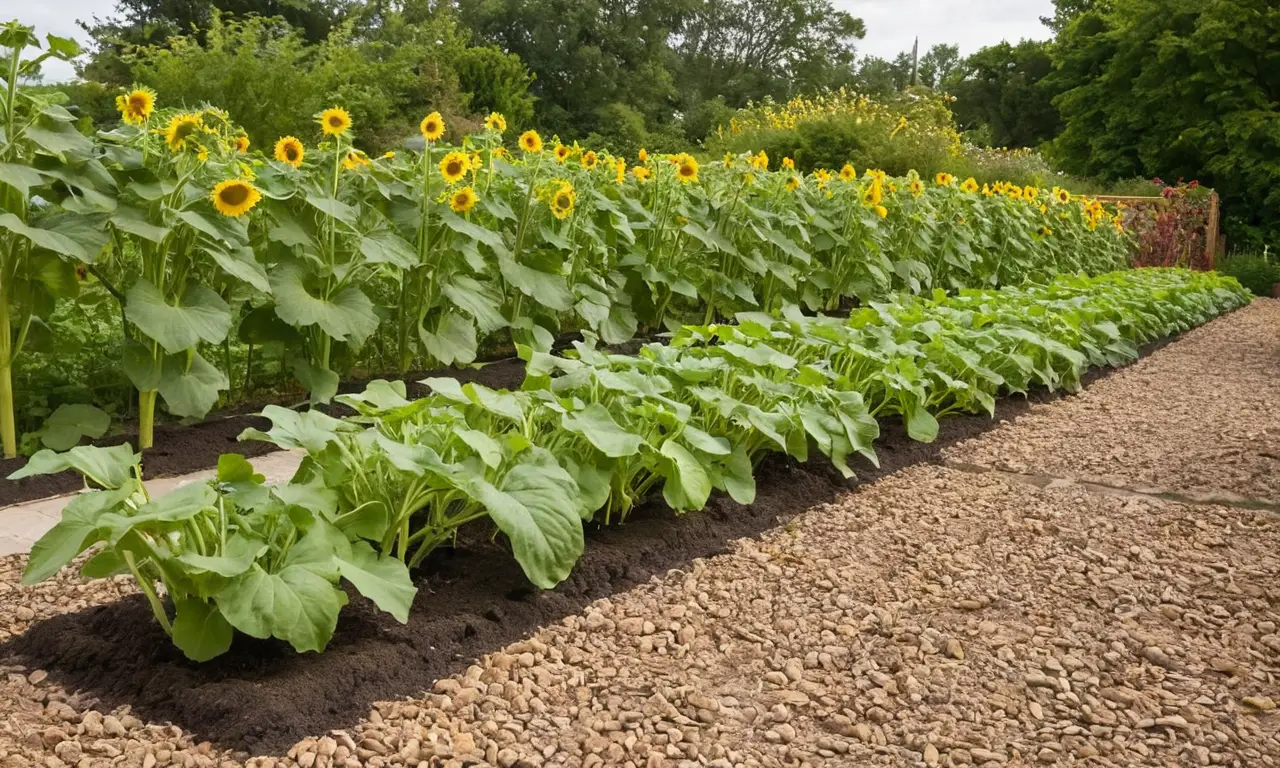 Jardín soleado con zucchini y flores vibrantes