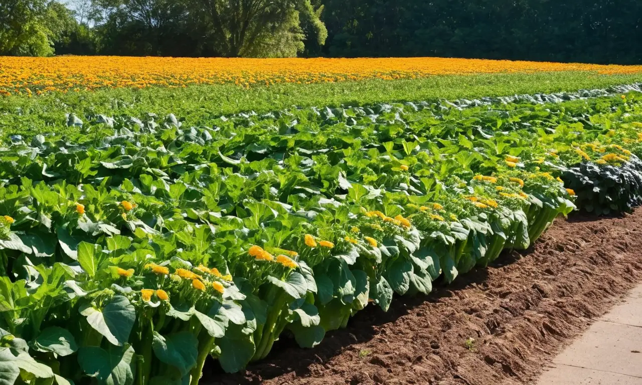 Jardín vibrante con zucchini y marigolds brillantes