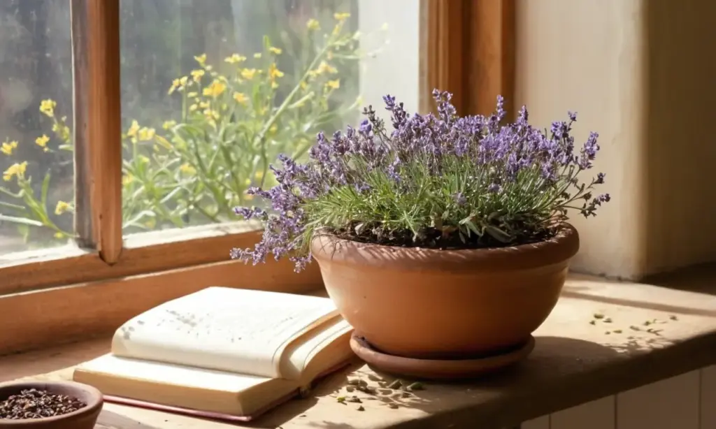 Cocina acogedora con semillas y flores