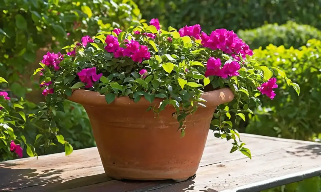 Maceta con flores en un patio soleado