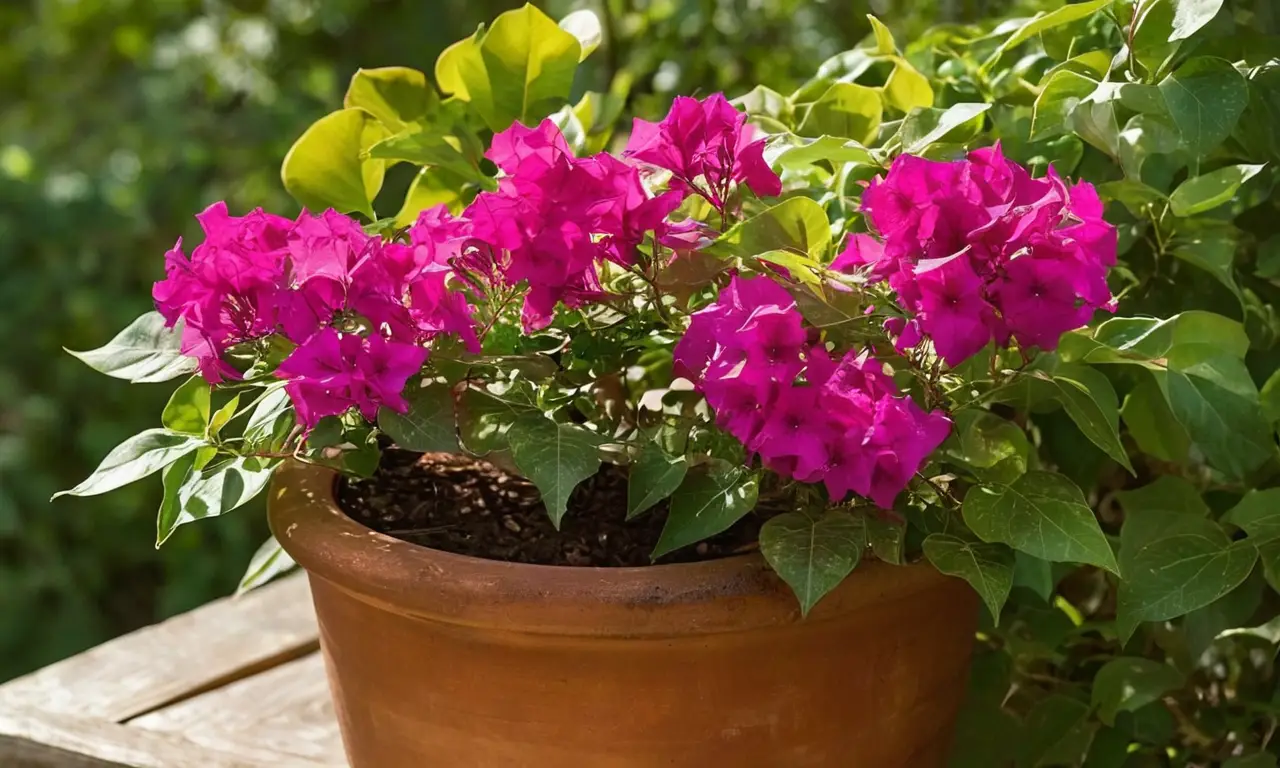 Bougainvillea vibrante en maceta sobre mesa