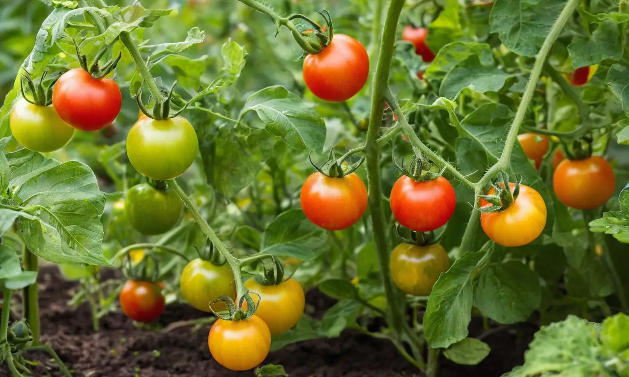 Hortaleza natural con tomates y flores vibrantes