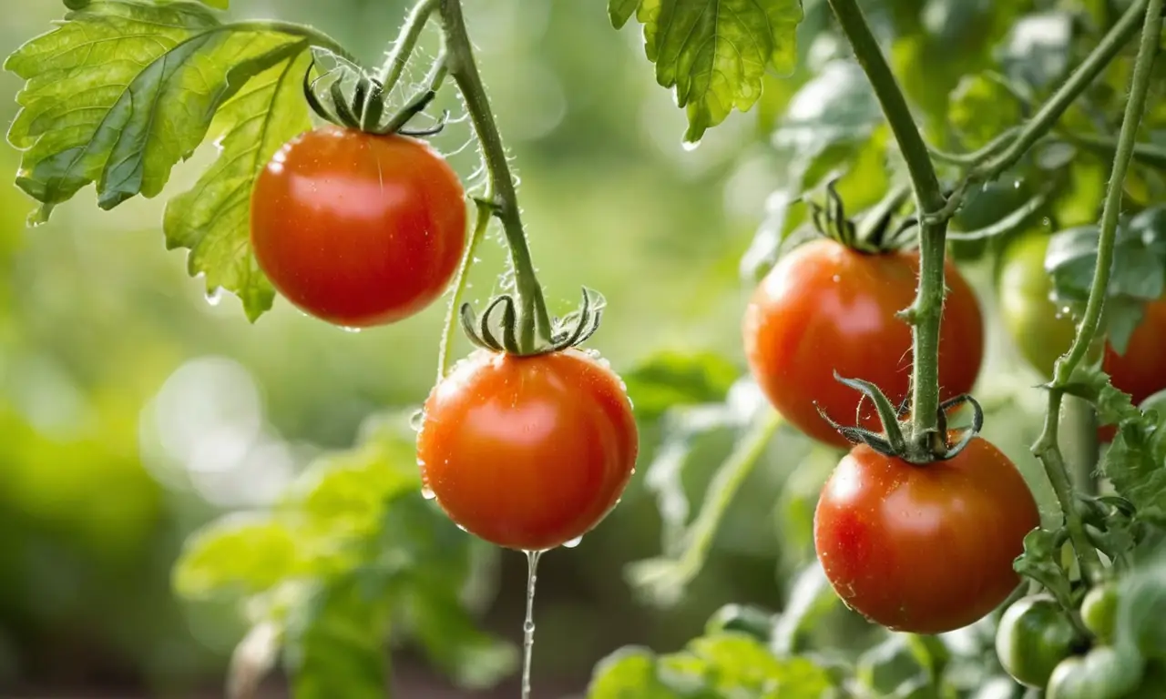 Vibrantes tomates en un jardín cuidado