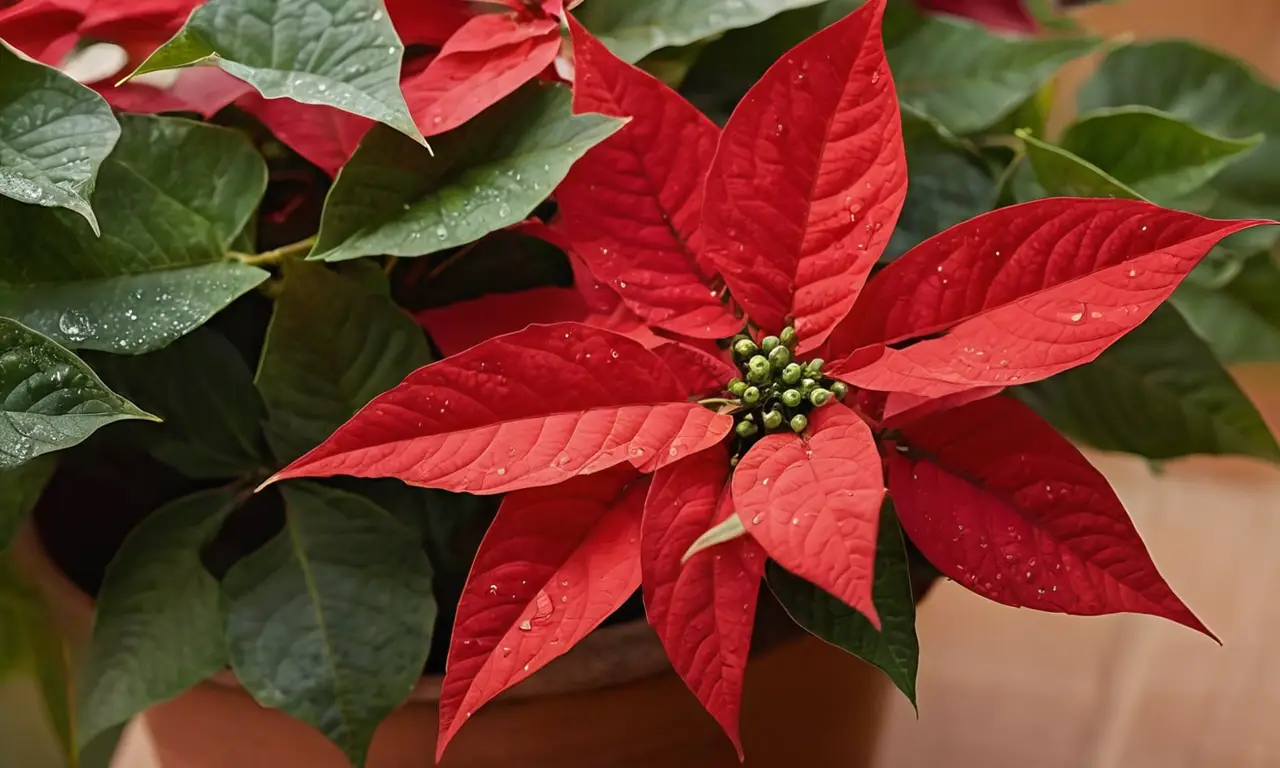 Planta de Nochebuena iluminada y cuidada