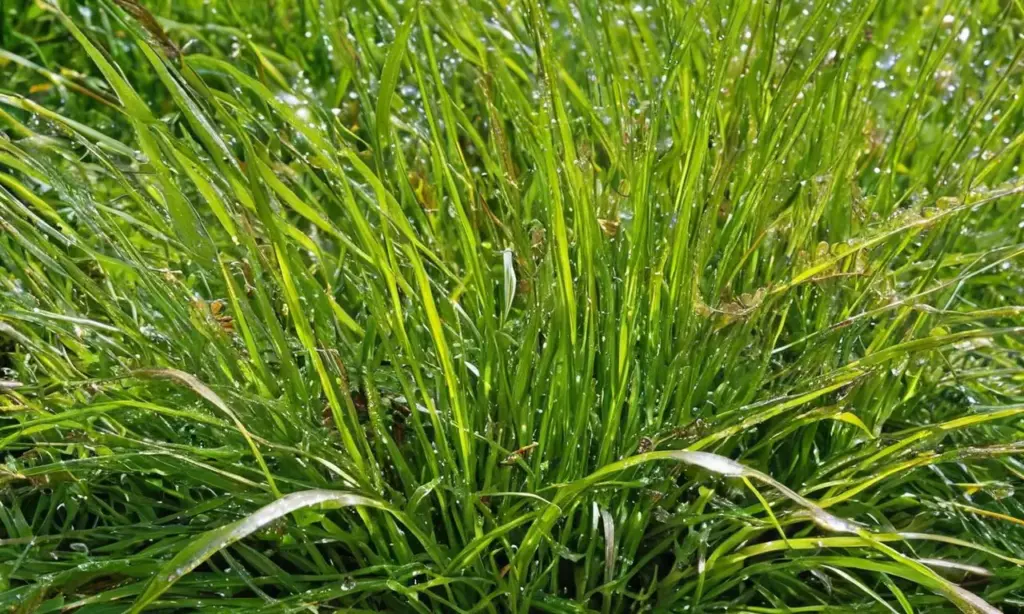 Césped vibrante con maleza y herramientas cercanas