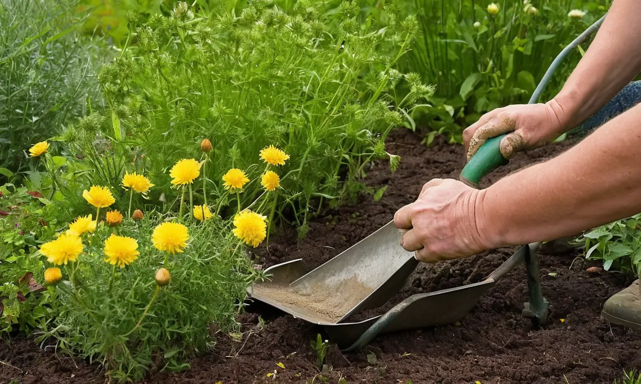 Jardín vibrante con un jardinero concentrado